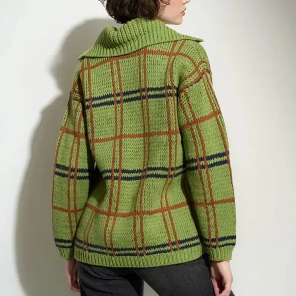 Green Plaid Button-Front Knit Cardigan - Picture 4 of 7